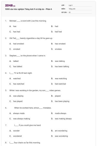 5000 câu trắc nghiệm Tiếng Anh 9 có đáp án - Phần 6