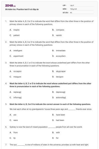 Đề kiểm tra: Practice test 8 có đáp án
