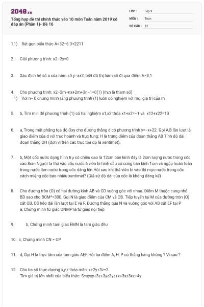 Tổng hợp đề thi chính thức vào 10 môn Toán năm 2019 có đáp án (Phần 1)- Đề 16