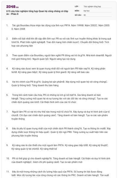 615 câu trắc nghiệm tổng hợp Quan hệ công chúng có đáp án - Phần 8