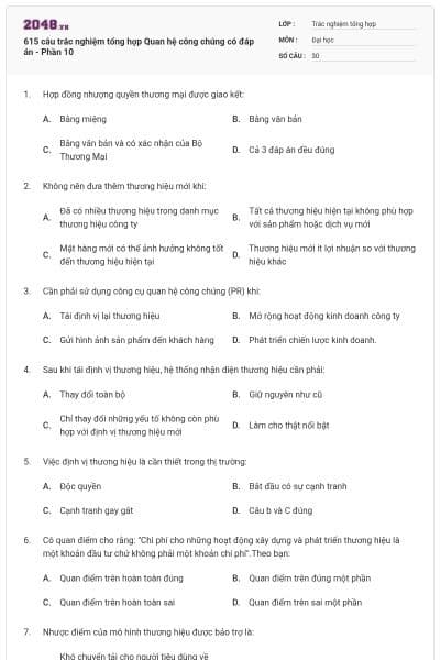 615 câu trắc nghiệm tổng hợp Quan hệ công chúng có đáp án - Phần 10