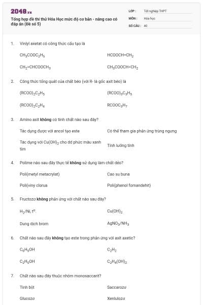 Tổng hợp đề thi thử Hóa Học mức độ cơ bản - nâng cao có đáp án (Đề số 5)