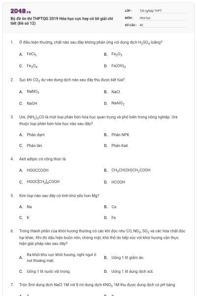 Bộ đề ôn thi THPTQG 2019 Hóa học cực hay có lời giải chi tiết (Đề số 12)