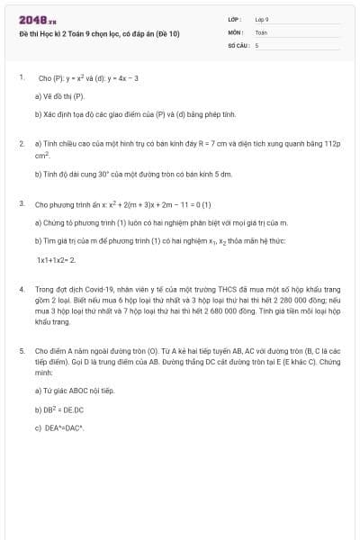 Đề thi Học kì 2 Toán 9 chọn lọc, có đáp án (Đề 10)