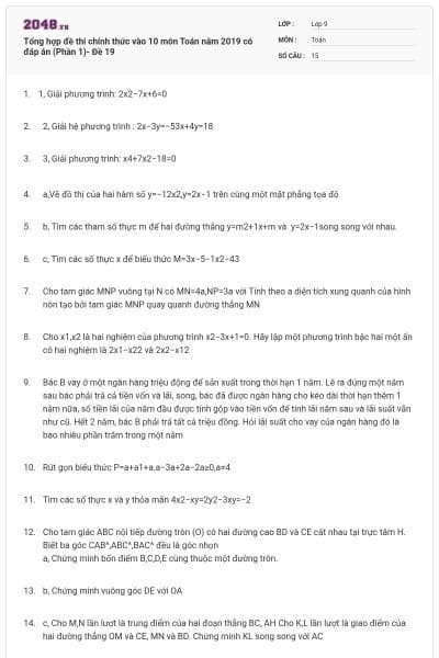 Tổng hợp đề thi chính thức vào 10 môn Toán năm 2019 có đáp án (Phần 1)- Đề 19