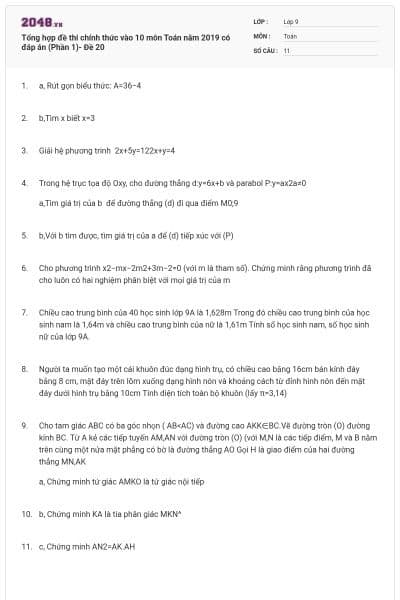 Tổng hợp đề thi chính thức vào 10 môn Toán năm 2019 có đáp án (Phần 1)- Đề 20