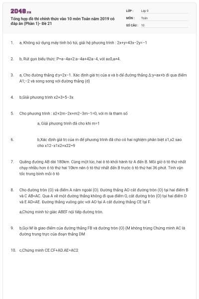 Tổng hợp đề thi chính thức vào 10 môn Toán năm 2019 có đáp án (Phần 1)- Đề 21