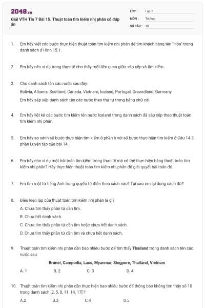 Giải VTH Tin 7 Bài 15. Thuật toán tìm kiếm nhị phân có đáp án