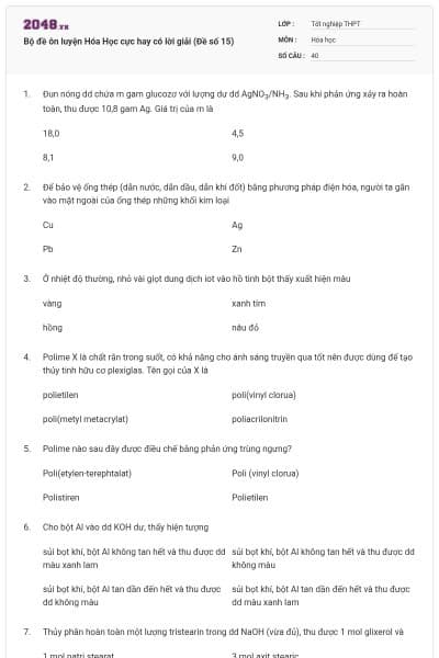 Bộ đề ôn luyện Hóa Học cực hay có lời giải (Đề số 15)