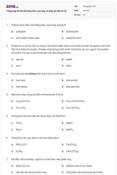 Tổng hợp đề thi thử Hóa Học cực hay có đáp án (Đề số 4)
