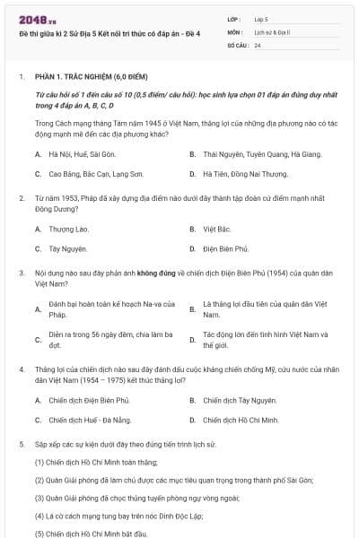 Đề thi giữa kì 2 Sử Địa 5 Kết nối tri thức có đáp án - Đề 4
