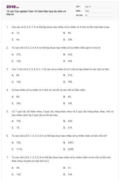 15 câu Trắc nghiệm Toán 10 Cánh Diều Quy tắc đếm có đáp án