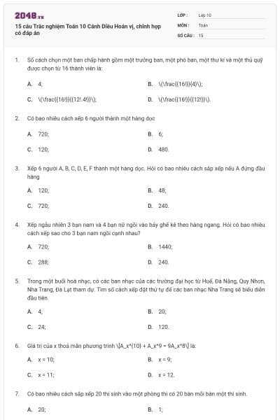 15 câu Trắc nghiệm Toán 10 Cánh Diều Hoán vị, chỉnh hợp có đáp án