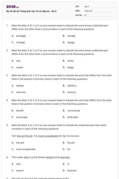 Bộ 40 đề thi Tiếng Anh vào 10 có đáp án - Đề 6