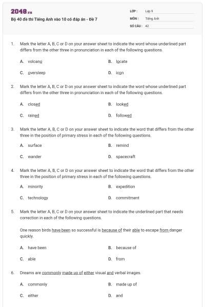Bộ 40 đề thi Tiếng Anh vào 10 có đáp án - Đề 7
