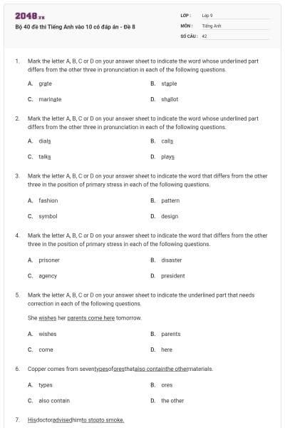 Bộ 40 đề thi Tiếng Anh vào 10 có đáp án - Đề 8