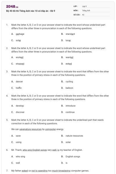 Bộ 40 đề thi Tiếng Anh vào 10 có đáp án - Đề 9