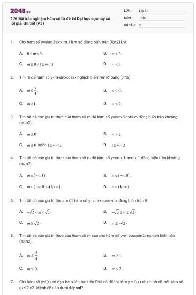 176 Bài trắc nghiệm Hàm số từ đề thi Đại học cực hay có lời giải chi tiết (P3)