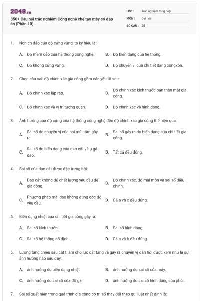 350+ Câu hỏi trắc nghiệm Công nghệ chế tạo máy có đáp án (Phần 10)
