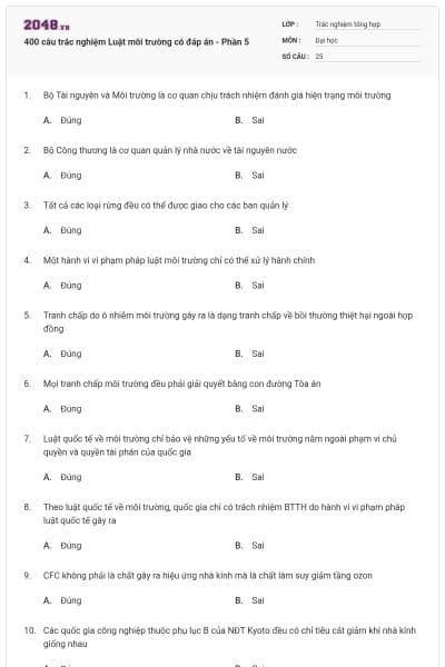 400 câu trắc nghiệm Luật môi trường có đáp án - Phần 5