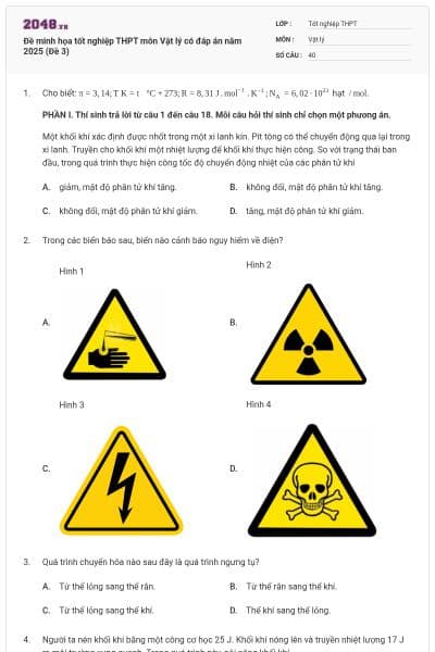 Đề minh họa tốt nghiệp THPT môn Vật lý có đáp án năm 2025 (Đề 3)