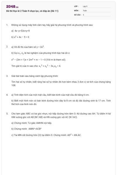 Đề thi Học kì 2 Toán 9 chọn lọc, có đáp án (Đề 11)