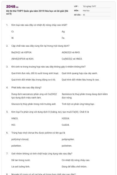Đề thi thử THPT Quốc gia năm 2019 Hóa học có lời giải (Đề số 9)