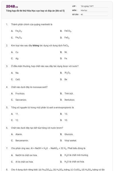 Tổng hợp đề thi thử Hóa Học cực hay có đáp án (Đề số 5)