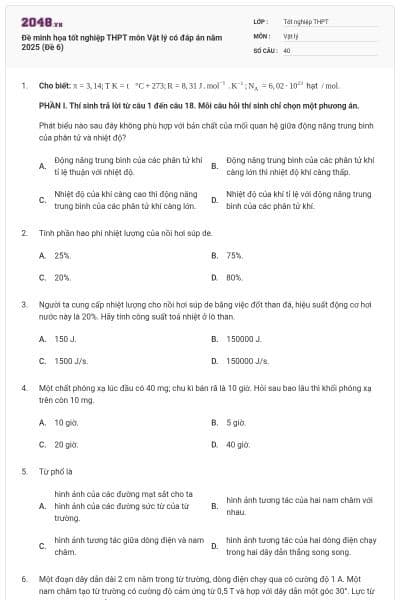 Đề minh họa tốt nghiệp THPT môn Vật lý có đáp án năm 2025 (Đề 6)