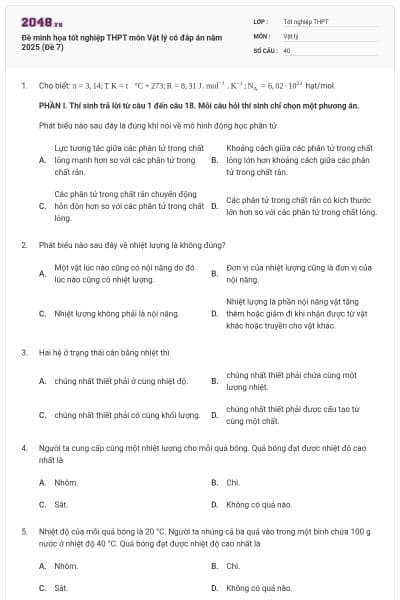 Đề minh họa tốt nghiệp THPT môn Vật lý có đáp án năm 2025 (Đề 7)