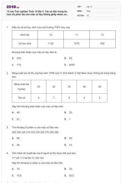 15 câu Trắc nghiệm Toán 10 Bài 3. Các số đặc trưng đo mức độ phân tán cho mẫu số liệu không ghép nhóm có đáp án