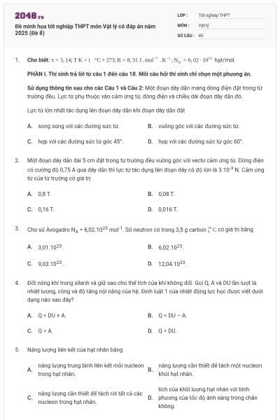 Đề minh họa tốt nghiệp THPT môn Vật lý có đáp án năm 2025 (Đề 8)