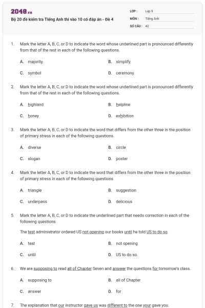 Bộ 20 đề kiểm tra Tiếng Anh thi vào 10 có đáp án - Đề 4