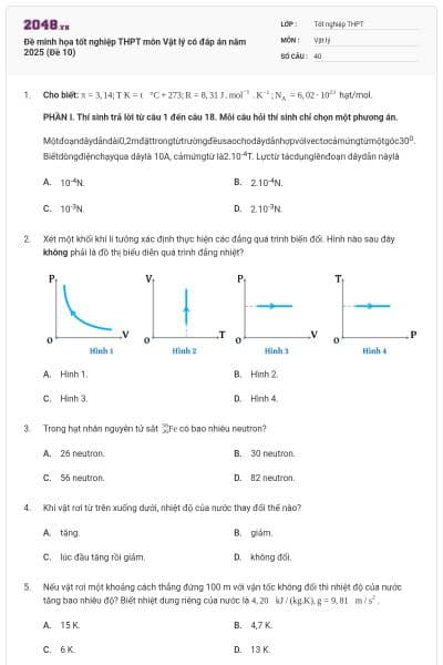 Đề minh họa tốt nghiệp THPT môn Vật lý có đáp án năm 2025 (Đề 10)