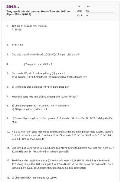 Tổng hợp đề thi chính thức vào 10 môn Toán năm 2021 có đáp án (Phần 1) (Đề 9)