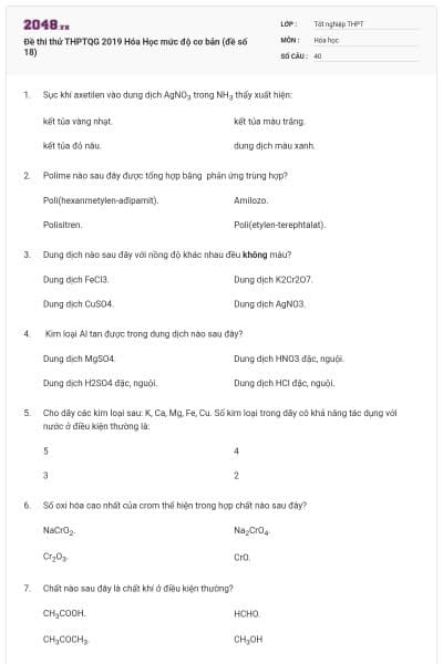 Đề thi thử THPTQG 2019 Hóa Học mức độ cơ bản (đề số 18)