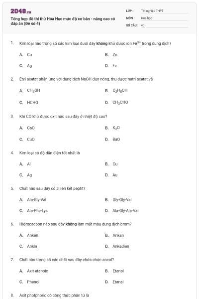 Tổng hợp đề thi thử Hóa Học mức độ cơ bản - nâng cao có đáp án (Đề số 4)
