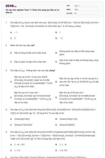 20 câu trắc nghiệm Toán 11 Chân trời sáng tạo Dãy số có đáp án