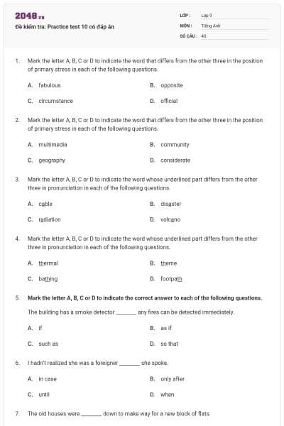 Đề kiểm tra: Practice test 10 có đáp án