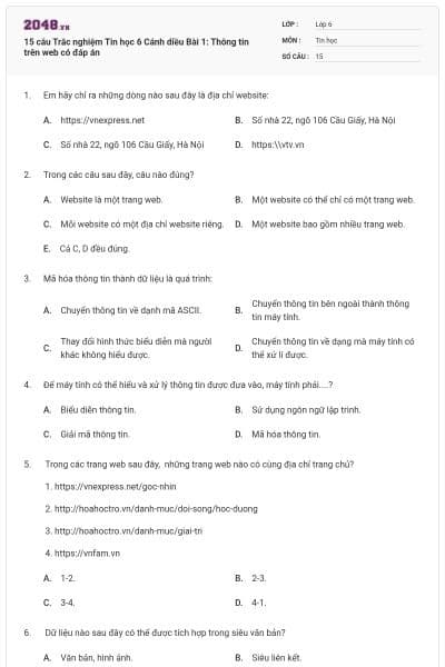 15 câu Trắc nghiệm Tin học 6 Cánh diều Bài 1: Thông tin trên web có đáp án