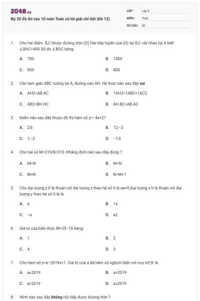 Bộ 30 đề thi vào 10 môn Toán có lời giải chi tiết (Đề 12)