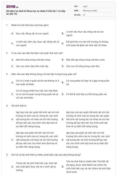 Đề kiểm tra định kì Khoa học tự nhiên 8 Chủ đề 7 có đáp án (Đề 10)