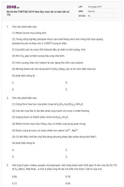 Đề thi thử THPTQG 2019 Hóa Học mức độ cơ bản (đề số 19)