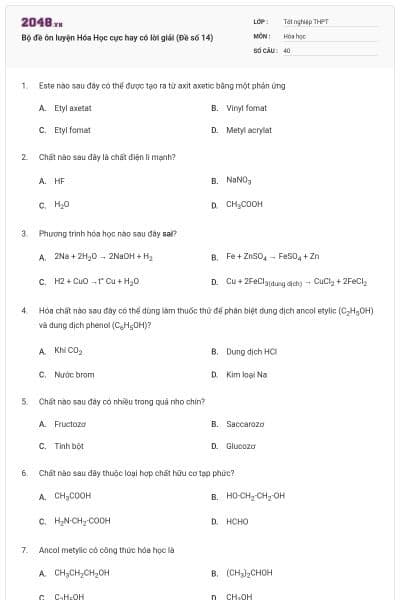 Bộ đề ôn luyện Hóa Học cực hay có lời giải (Đề số 14)