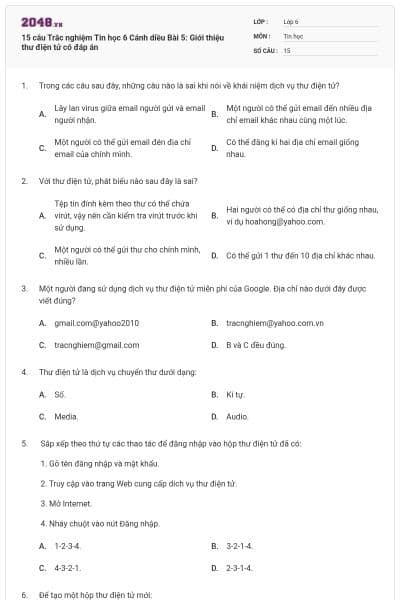15 câu Trắc nghiệm Tin học 6 Cánh diều Bài 5: Giới thiệu thư điện tử có đáp án