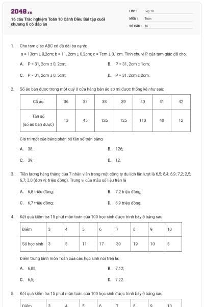 16 câu Trắc nghiệm Toán 10 Cánh Diều Bài tập cuối chương 6 có đáp án