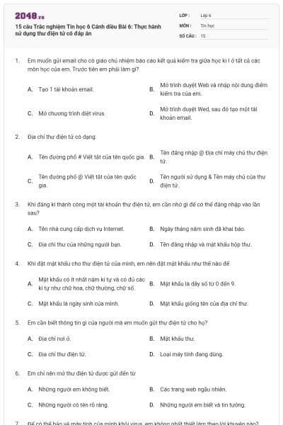 15 câu Trắc nghiệm Tin học 6 Cánh diều Bài 6: Thực hành sử dụng thư điện tử có đáp án