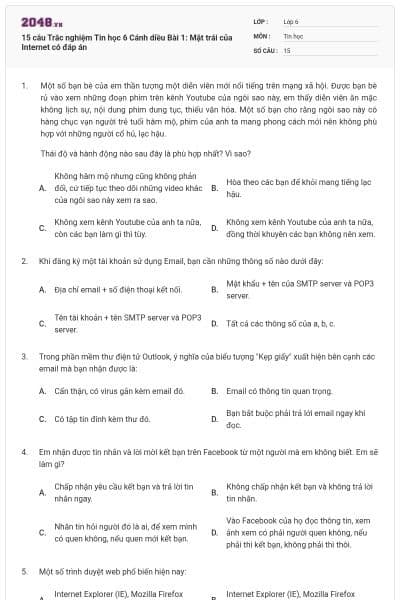15 câu Trắc nghiệm Tin học 6 Cánh diều Bài 1: Mặt trái của Internet có đáp án