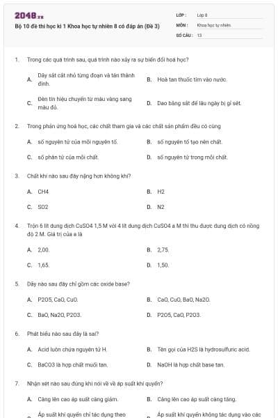 Bộ 10 đề thi học kì 1 Khoa học tự nhiên 8 có đáp án (Đề 3)