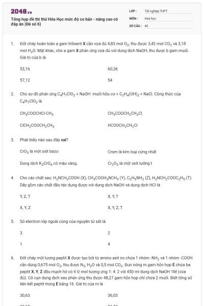 Tổng hợp đề thi thử Hóa Học mức độ cơ bản - nâng cao có đáp án (Đề số 6)
